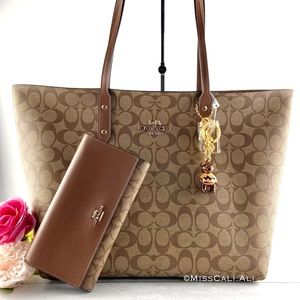 NWT COACH X PEANUTS Signature Canvas Town Tote Bag, Wallet & Charlie Brown Set